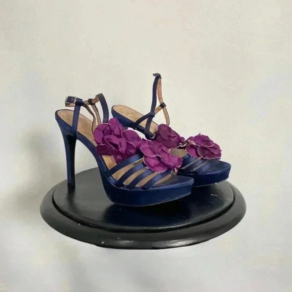 Satin blue & purple strappy heels. - Picture 1 of 5